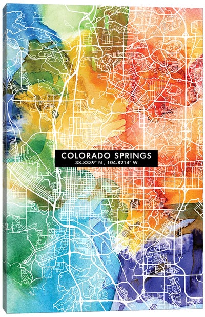 Colorado Springs City Map Colorful Watercolor Style Canvas Art Print