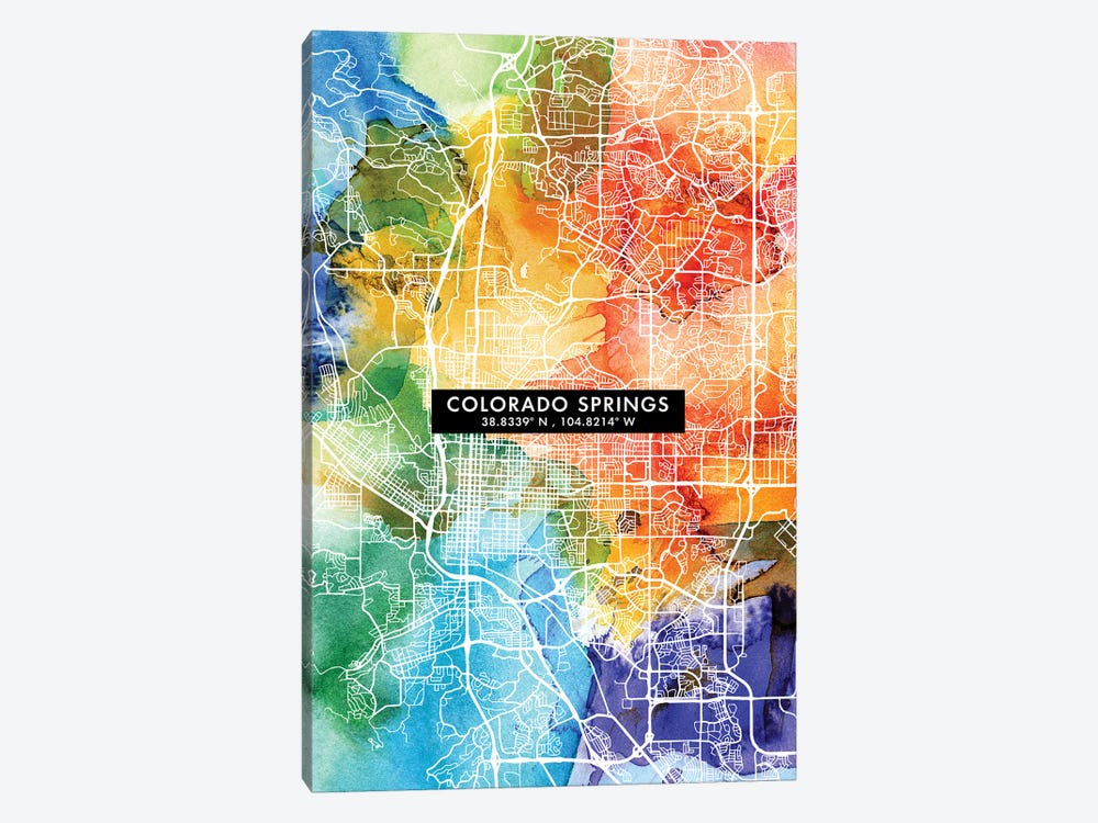 Colorado Springs City Map Colorful Watercolor Style by WallDecorAddict 1-piece Canvas Print