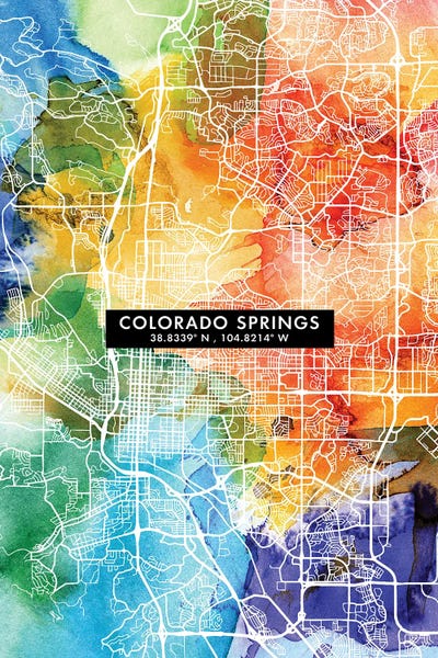 Colorado Springs: Colorado Springs City Map Colorful Watercolor Style by WallDecorAddict
