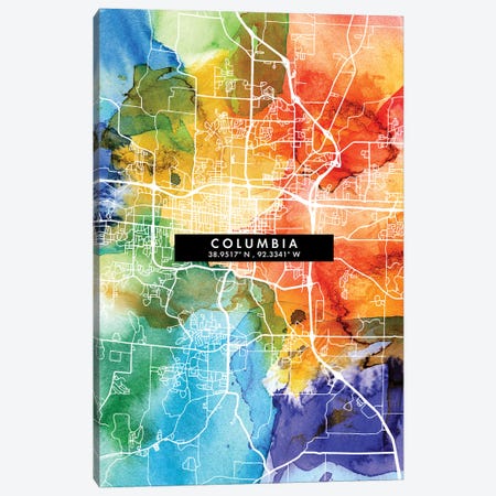 Columbia City Map Colorful Watercolor Style Canvas Print #WDA1843} by WallDecorAddict Canvas Wall Art