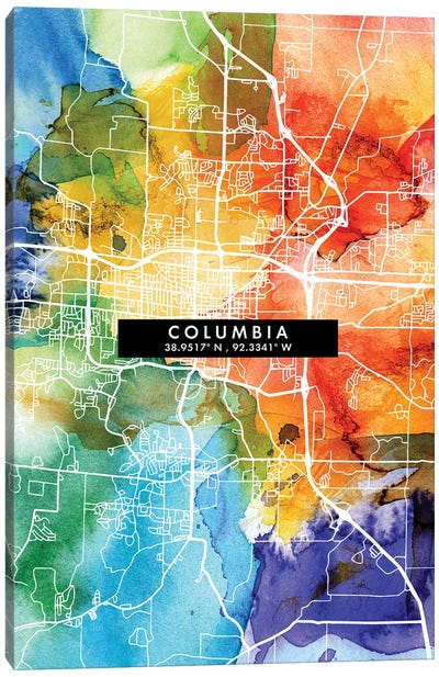 Columbia City Map Colorful Watercolor Style Canvas Art Print - South Carolina Art