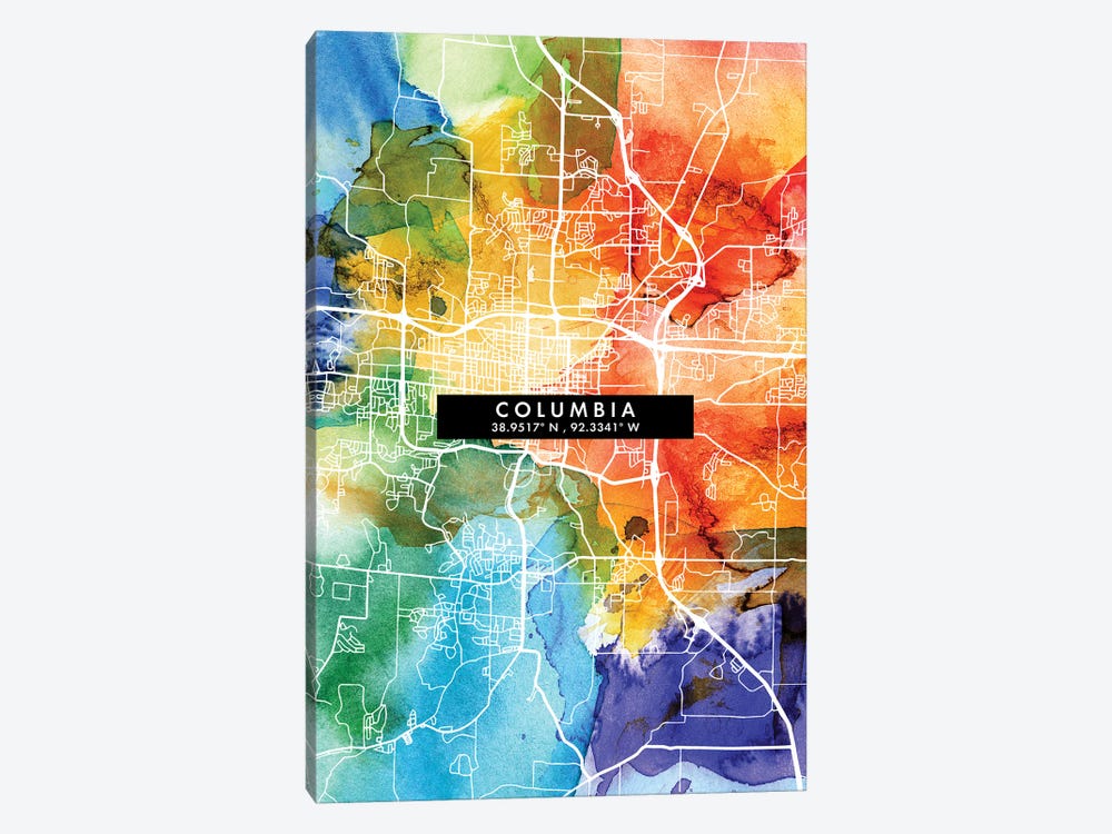 Columbia City Map Colorful Watercolor Style by WallDecorAddict 1-piece Canvas Artwork