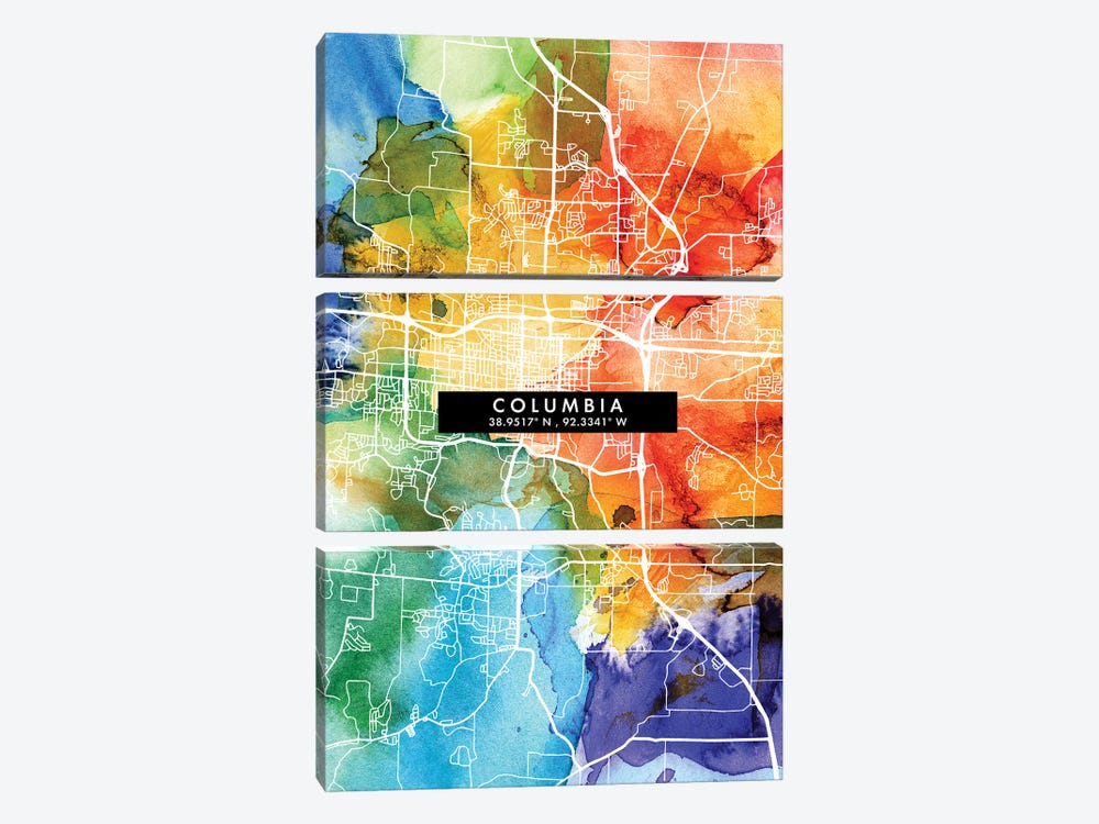 Columbia City Map Colorful Watercolor Style by WallDecorAddict 3-piece Canvas Art