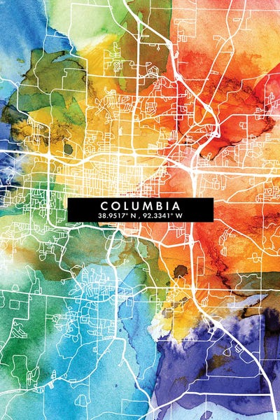 South Carolina: Columbia City Map Colorful Watercolor Style by WallDecorAddict