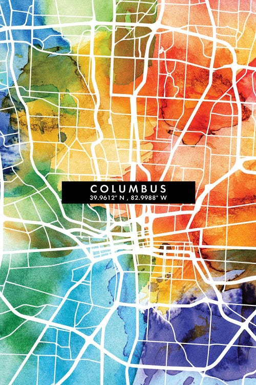 Columbus City Map Colorful Watercolor Style by WallDecorAddict wall art