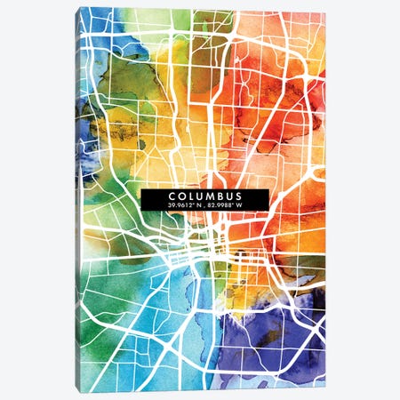 Columbus City Map Colorful Watercolor Style Canvas Print #WDA1844} by WallDecorAddict Canvas Art Print