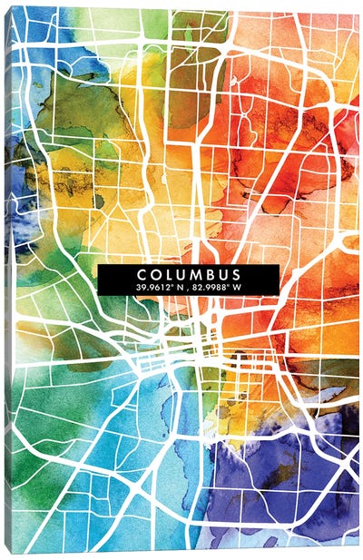 Columbus City Map Colorful Watercolor Style Canvas Art Print - Ohio Art