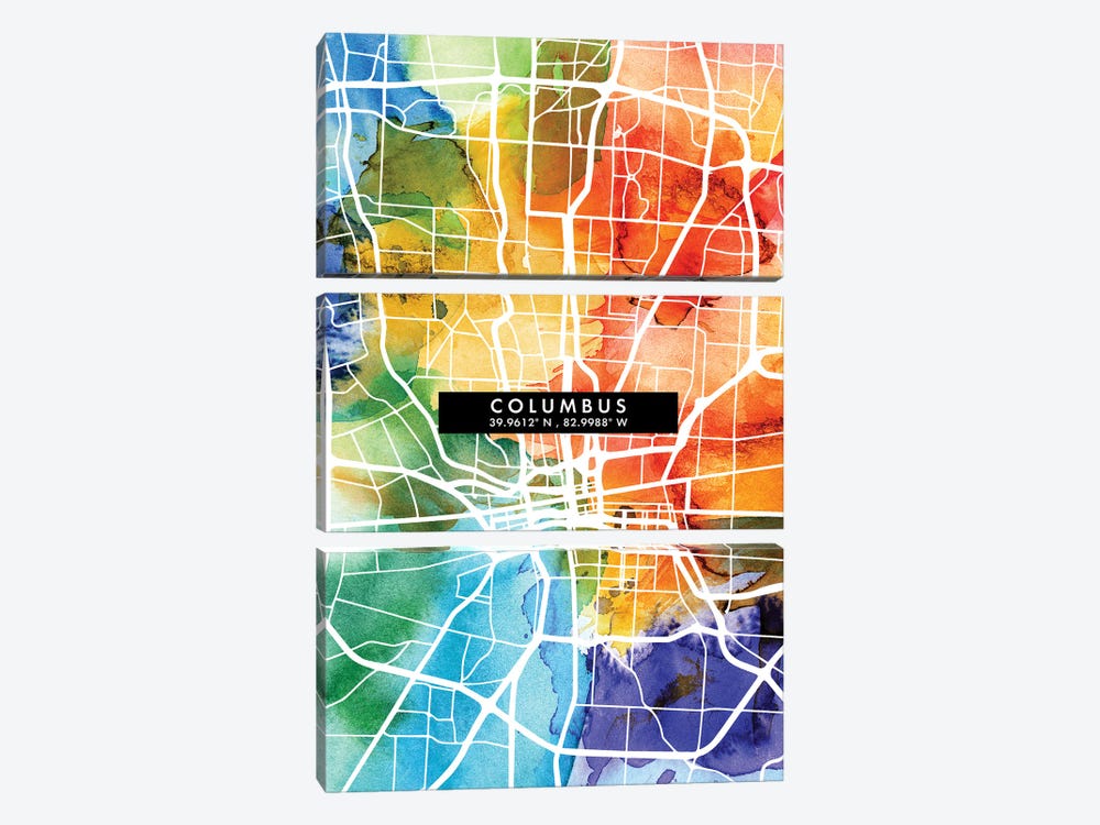 Columbus City Map Colorful Watercolor Style by WallDecorAddict 3-piece Art Print