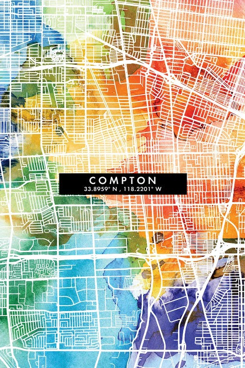 Compton City Map Colorful Watercolor Style