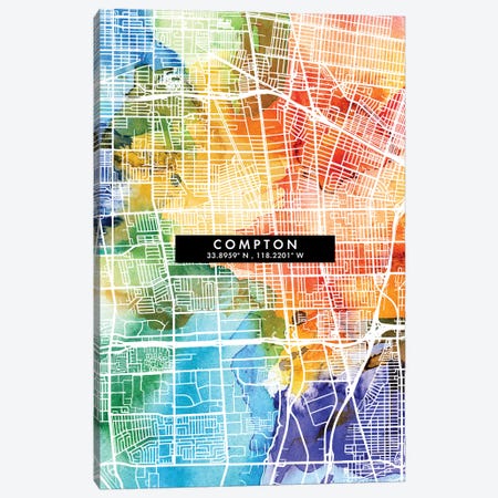 Compton City Map Colorful Watercolor Style Canvas Print #WDA1845} by WallDecorAddict Art Print