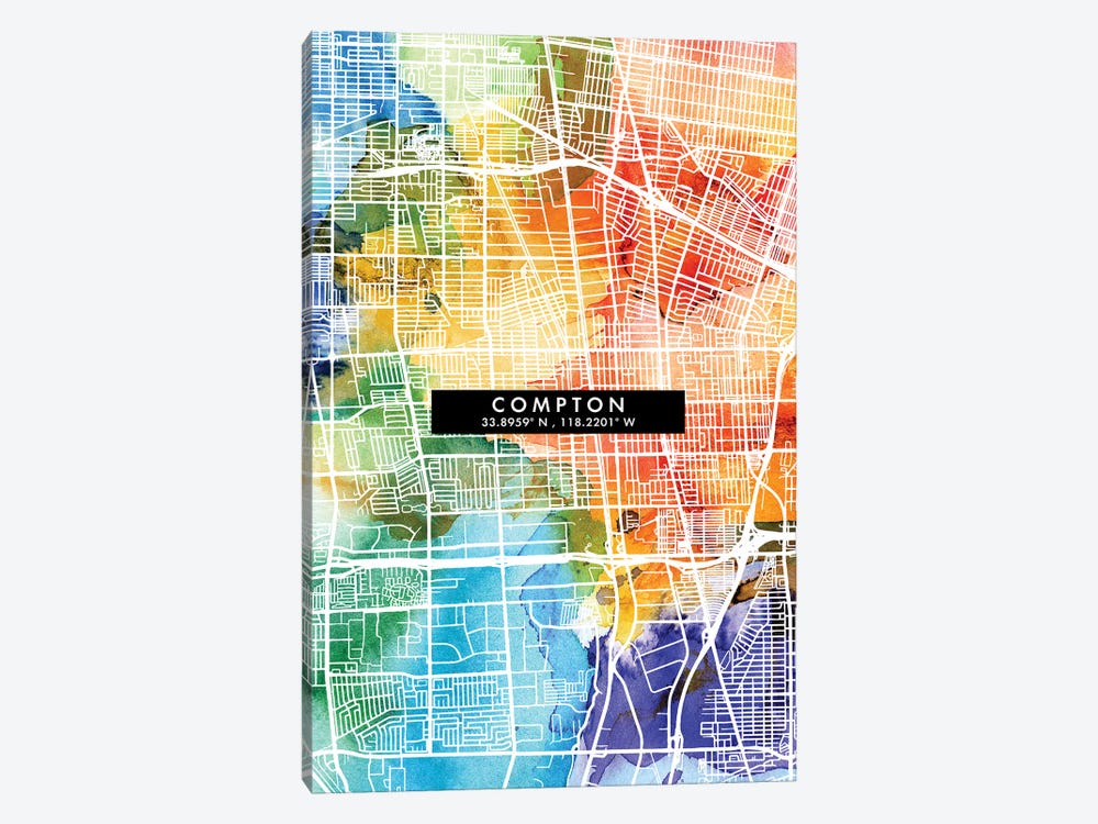 Compton City Map Colorful Watercolor Style by WallDecorAddict 1-piece Canvas Wall Art