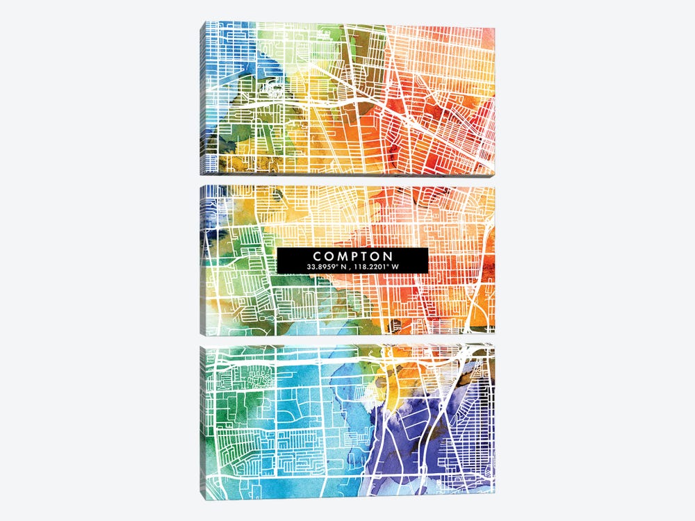 Compton City Map Colorful Watercolor Style by WallDecorAddict 3-piece Canvas Artwork