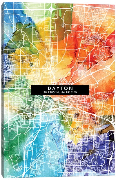 Dayton City Map Colorful Watercolor Style Canvas Art Print - Ohio Art
