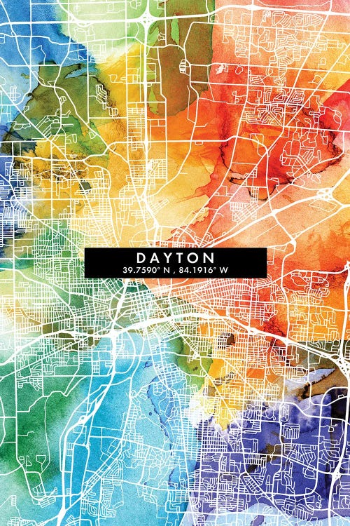 Dayton City Map Colorful Watercolor Style by WallDecorAddict wall art