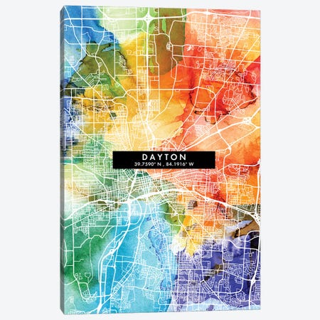 Dayton City Map Colorful Watercolor Style Canvas Print #WDA1846} by WallDecorAddict Art Print