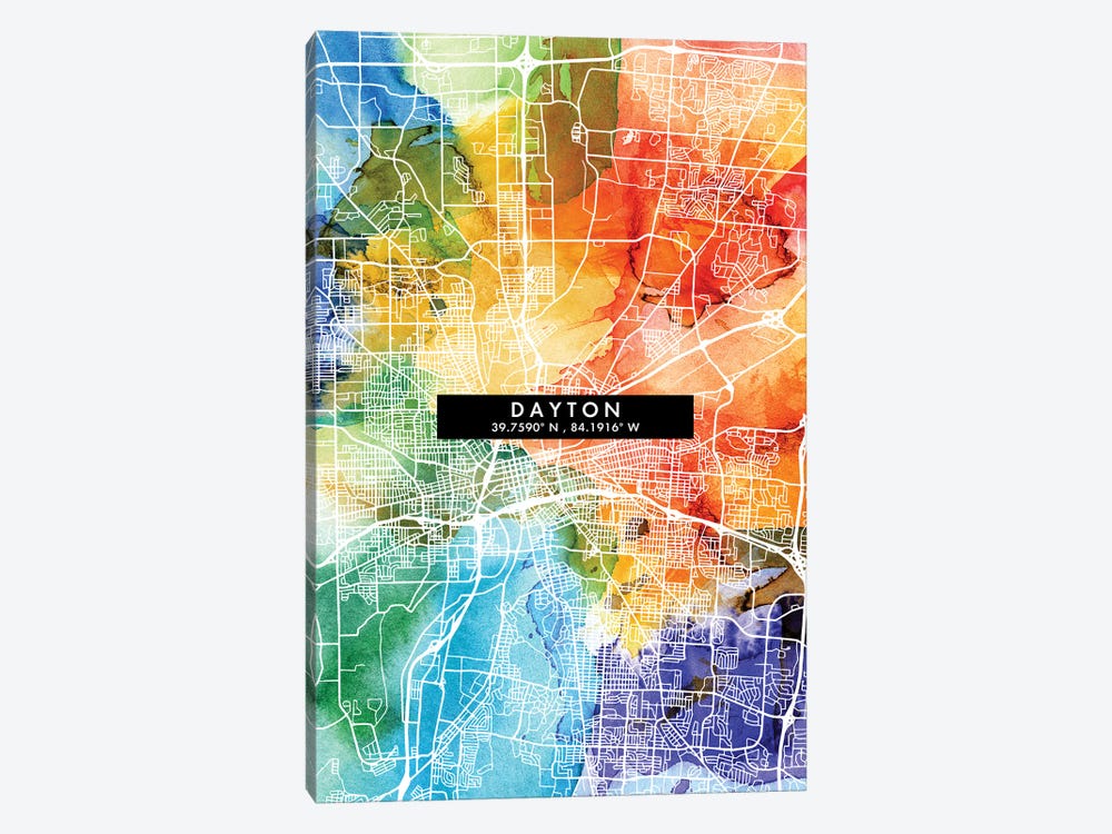 Dayton City Map Colorful Watercolor Style by WallDecorAddict 1-piece Canvas Print