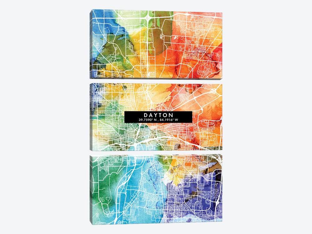 Dayton City Map Colorful Watercolor Style by WallDecorAddict 3-piece Canvas Print