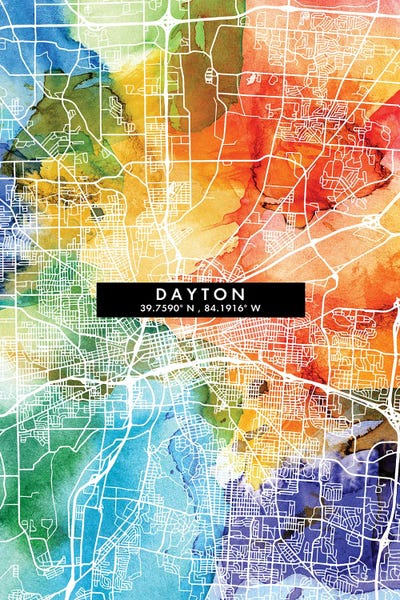 Dayton: Dayton City Map Colorful Watercolor Style by WallDecorAddict