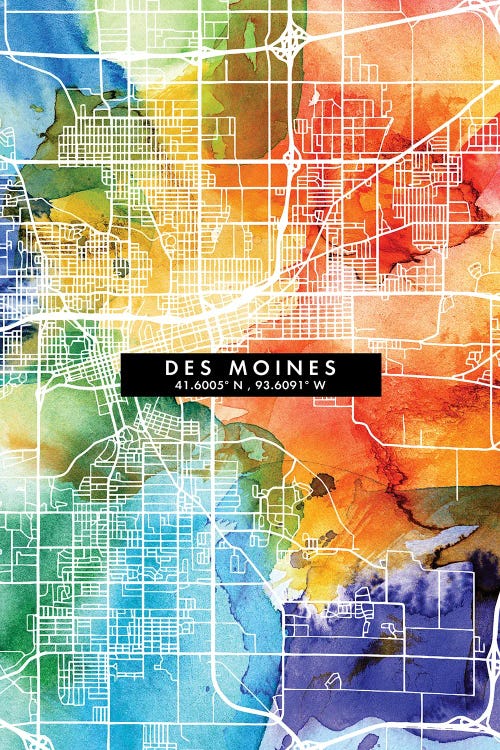 Des Moines City Map Colorful Watercolor Style by WallDecorAddict wall art