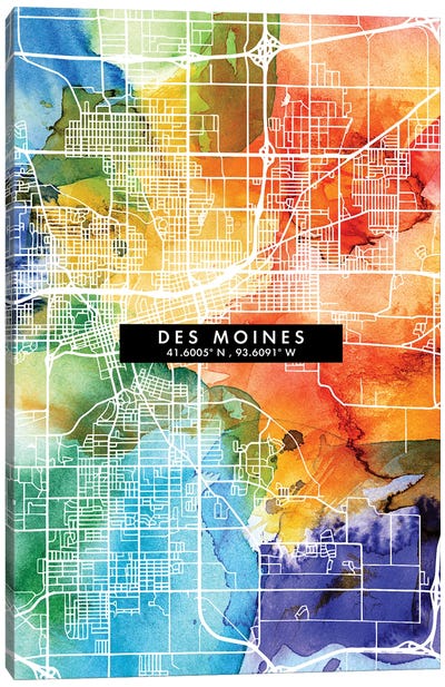 Des Moines City Map Colorful Watercolor Style Canvas Art Print