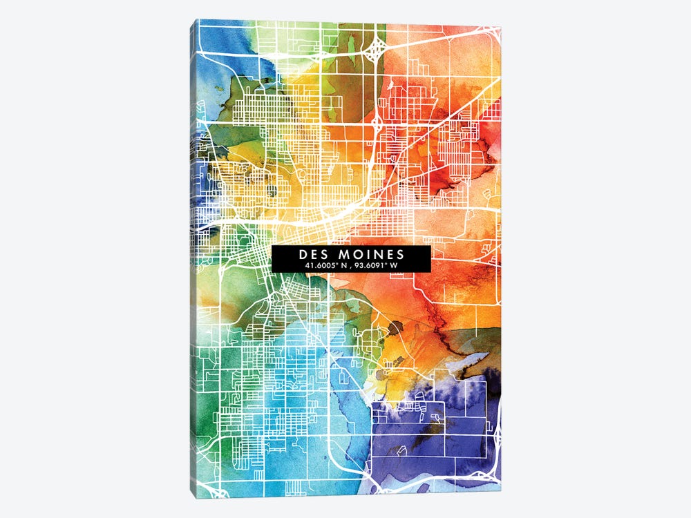 Des Moines City Map Colorful Watercolor Style by WallDecorAddict 1-piece Canvas Art