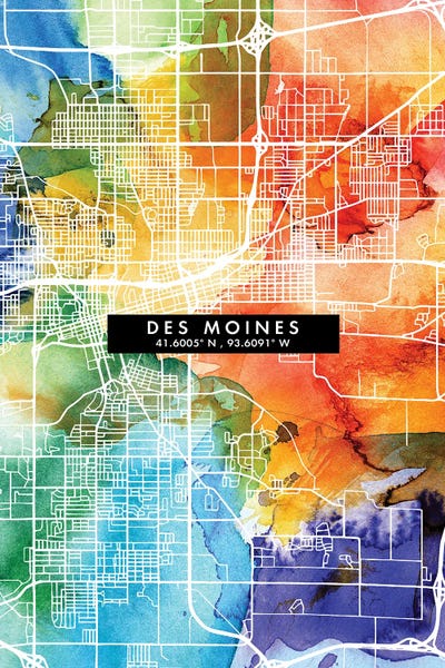 Des Moines: Des Moines City Map Colorful Watercolor Style by WallDecorAddict