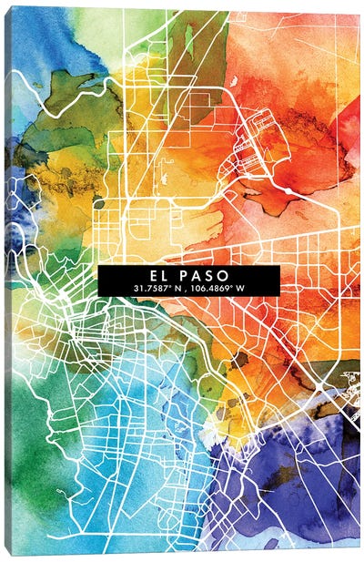 El Paso City Map Colorful Watercolor Style Canvas Art Print