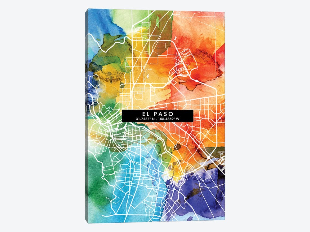 El Paso City Map Colorful Watercolor Style by WallDecorAddict 1-piece Canvas Print