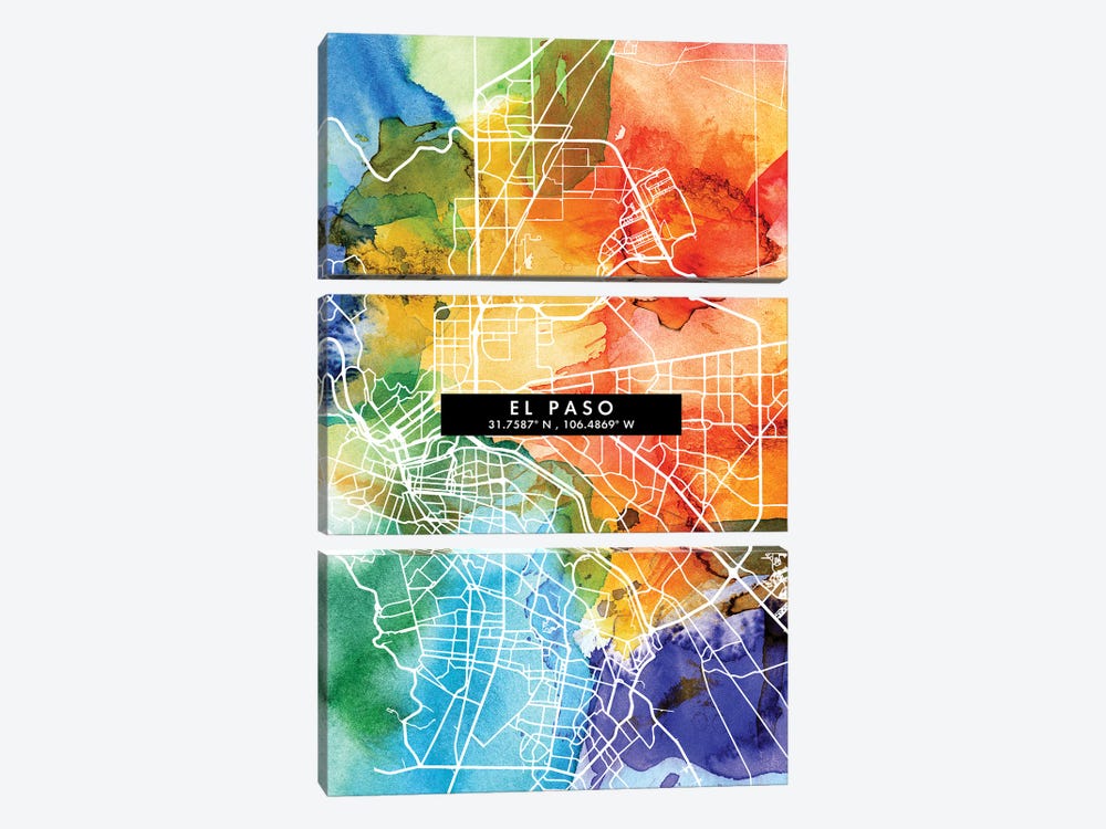 El Paso City Map Colorful Watercolor Style by WallDecorAddict 3-piece Art Print