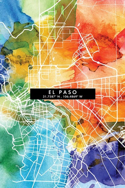 El Paso: El Paso City Map Colorful Watercolor Style by WallDecorAddict