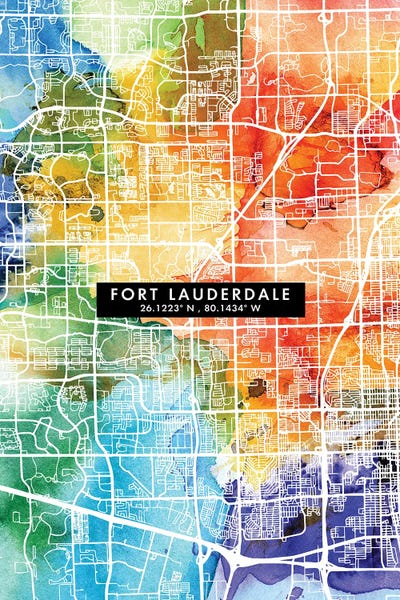 Fort Lauderdale City Map Colorful Watercolor Style by WallDecorAddict multi panel art