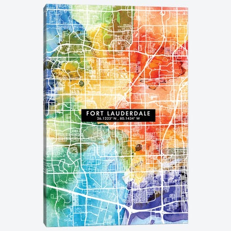 Fort Lauderdale City Map Colorful Watercolor Style Canvas Print #WDA1849} by WallDecorAddict Canvas Wall Art