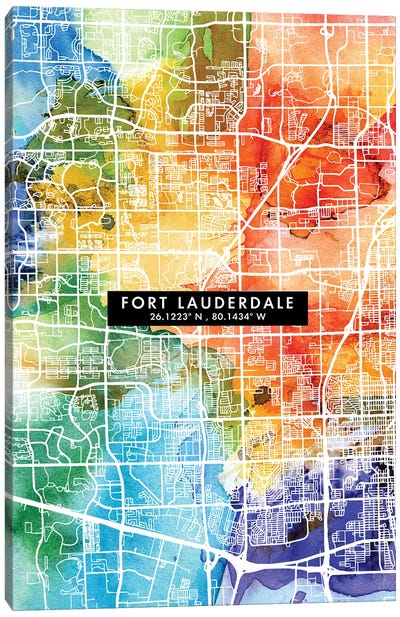 Fort Lauderdale City Map Colorful Watercolor Style Canvas Art Print