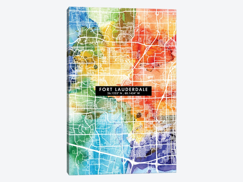Fort Lauderdale City Map Colorful Watercolor Style by WallDecorAddict 1-piece Canvas Artwork