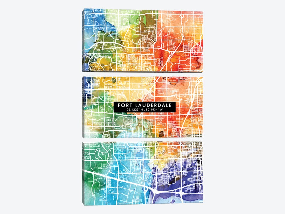 Fort Lauderdale City Map Colorful Watercolor Style by WallDecorAddict 3-piece Canvas Art