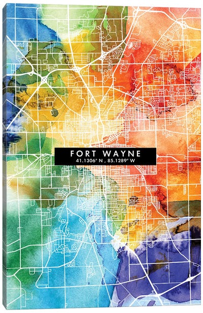 Fort Wayne City Map Colorful Watercolor Style Canvas Art Print - Indiana Art
