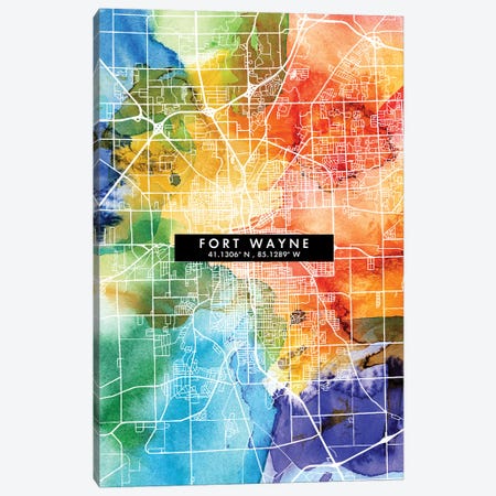 Fort Wayne City Map Colorful Watercolor Style Canvas Print #WDA1850} by WallDecorAddict Art Print