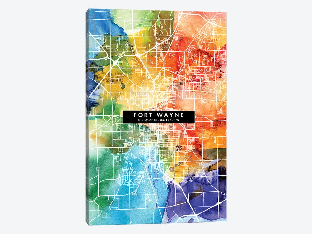 Fort Wayne City Map Colorful Watercolor Style by WallDecorAddict 1-piece Canvas Wall Art