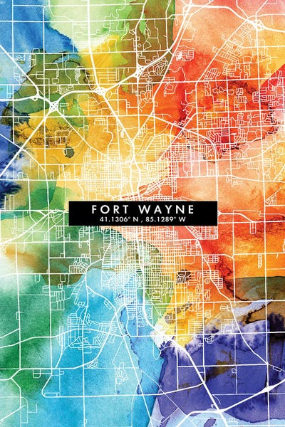 Indiana: Fort Wayne City Map Colorful Watercolor Style by WallDecorAddict