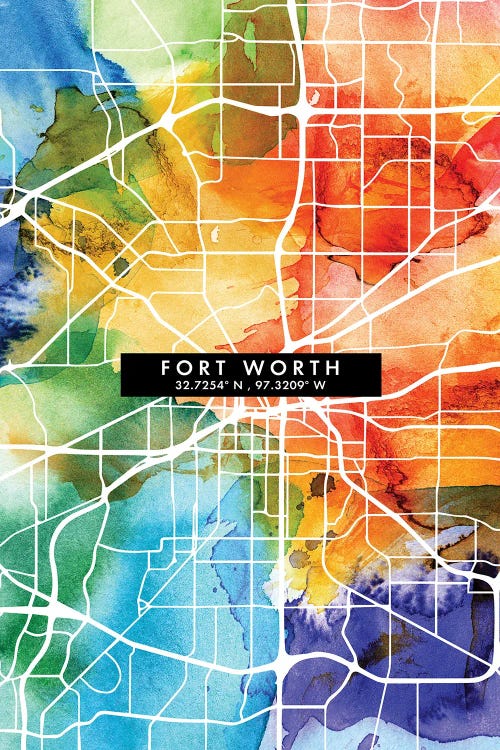 Fort Worth City Map Colorful Watercolor Style