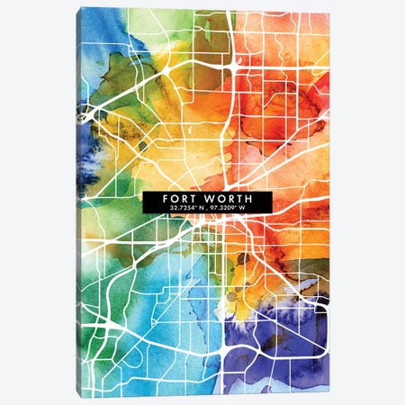 Fort Worth City Map Colorful Watercolor Style Canvas Print #WDA1851} by WallDecorAddict Art Print