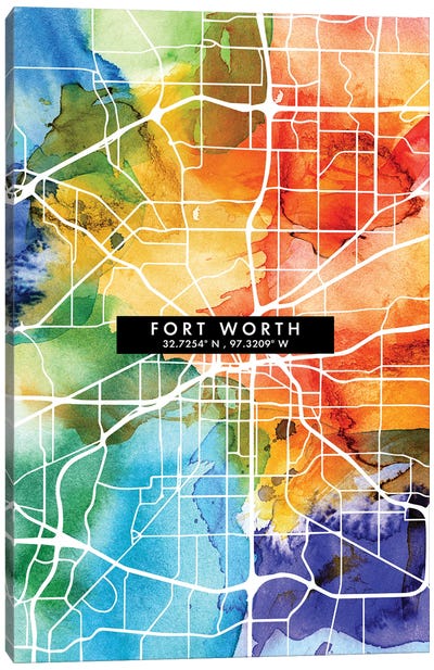 Fort Worth City Map Colorful Watercolor Style Canvas Art Print - Fort Worth