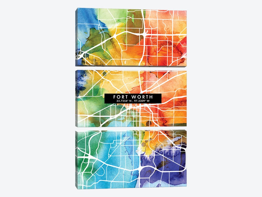 Fort Worth City Map Colorful Watercolor Style by WallDecorAddict 3-piece Canvas Art Print