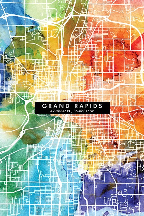 Grand Rapids City Map Colorful Watercolor Style