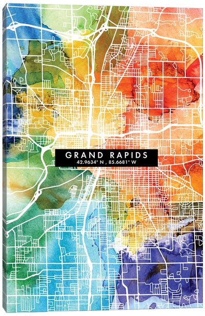 Grand Rapids City Map Colorful Watercolor Style Canvas Art Print - Michigan Art