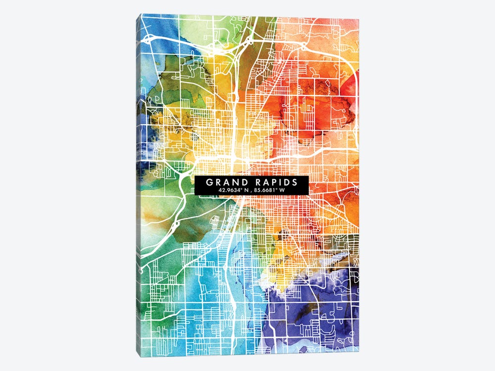 Grand Rapids City Map Colorful Watercolor Style by WallDecorAddict 1-piece Canvas Wall Art