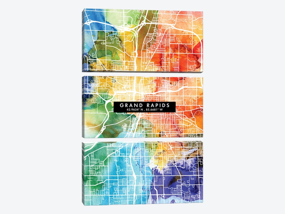 Grand Rapids City Map Colorful Watercolor Style by WallDecorAddict 3-piece Canvas Wall Art