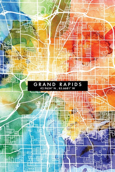 Michigan: Grand Rapids City Map Colorful Watercolor Style by WallDecorAddict
