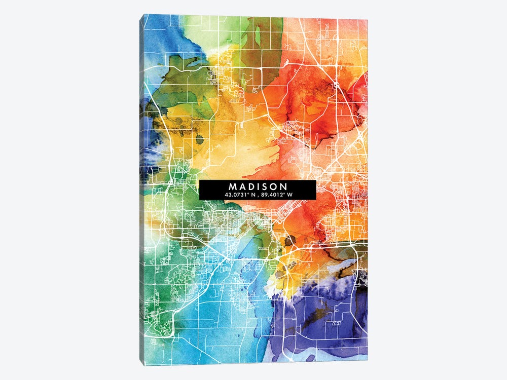 Madison City Map Colorful Watercolor Style by WallDecorAddict 1-piece Canvas Art