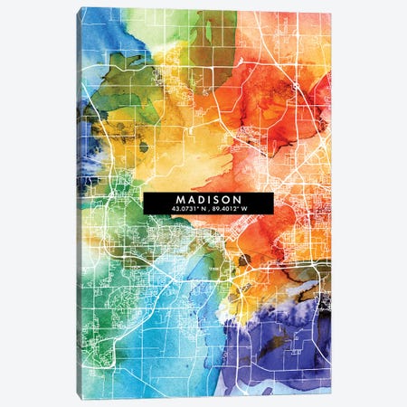 Madison City Map Colorful Watercolor Style Canvas Print #WDA1856} by WallDecorAddict Canvas Wall Art